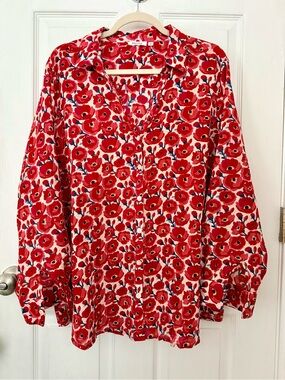 Paprika 100% Cotton Red Poppy Floral Lightweight Button Front Shirt Size XL